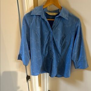 Soft Blue Button-Front Blouse with Subtle White Vine Print